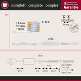 LED-Lichtband 150 cm lang, 12 W Leistung, 1,6 mm breit, mit 5 Jahren Garantie und Netzteil