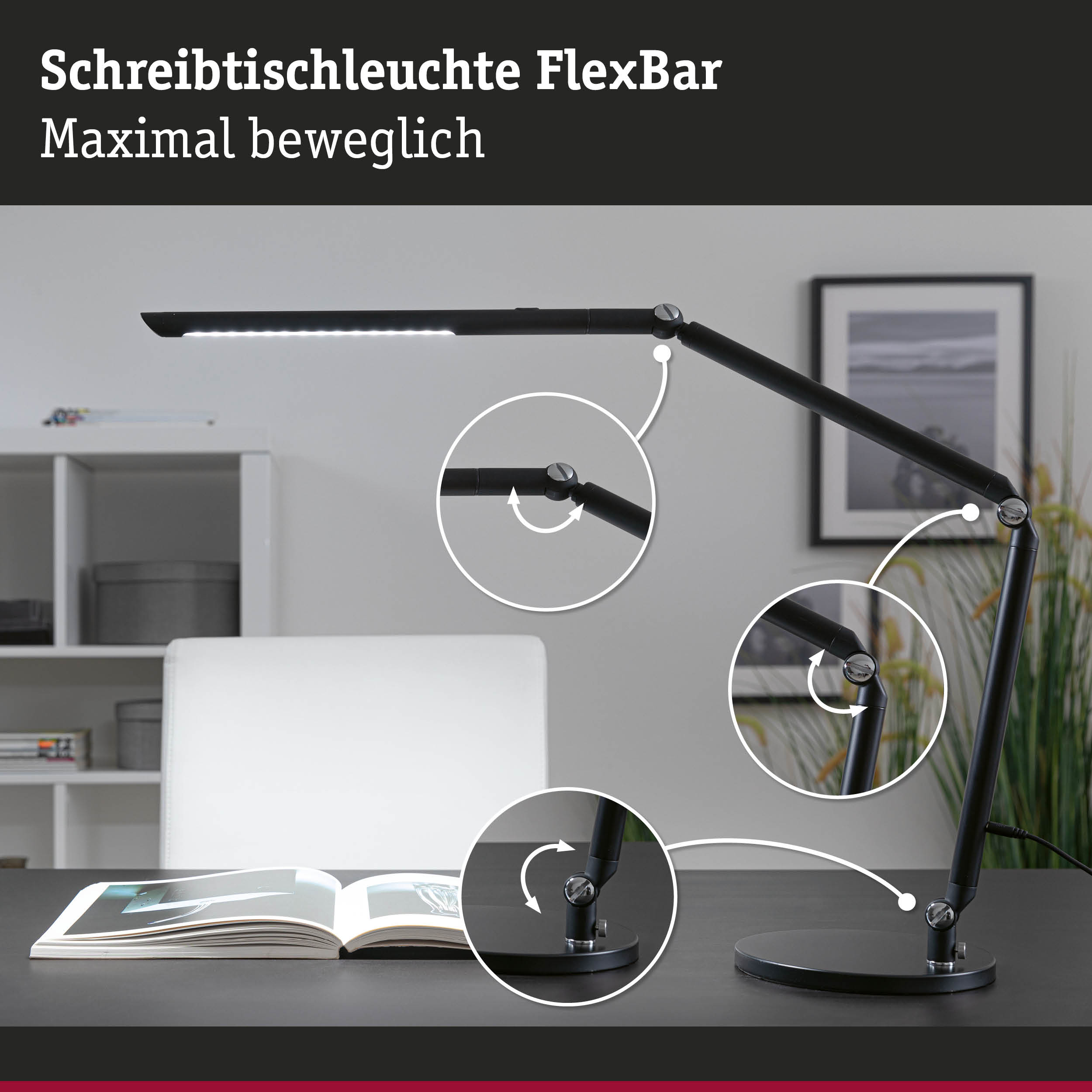 Schwarze flexible Schreibtischleuchte FlexBar mit LED-Licht und verstellbaren Gelenken für Bürobeleuchtung