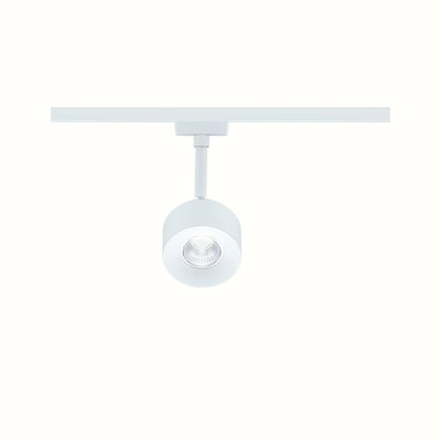 Moderner weißer LED-Spot aus Metall an Schienensystem für flexible Raumbeleuchtung