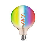 Colorful LED bulb with spiral filament and rainbow hues for decorative lighting and ambiance