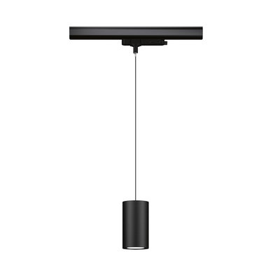 Black metal LED pendant light with cylindrical design and track system for modern indoor lighting