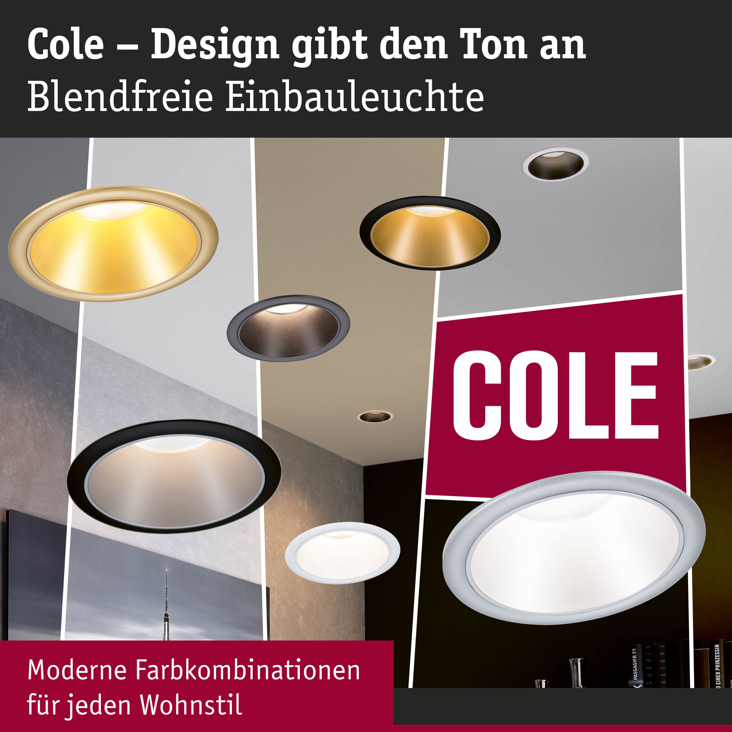 Blendfreie Einbauleuchten Cole in verschiedenen Farben für moderne Wohnstile und Innenbeleuchtung