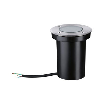 Round recessed floor spotlight in black plastic with stainless steel rim and cable for outdoor lighting