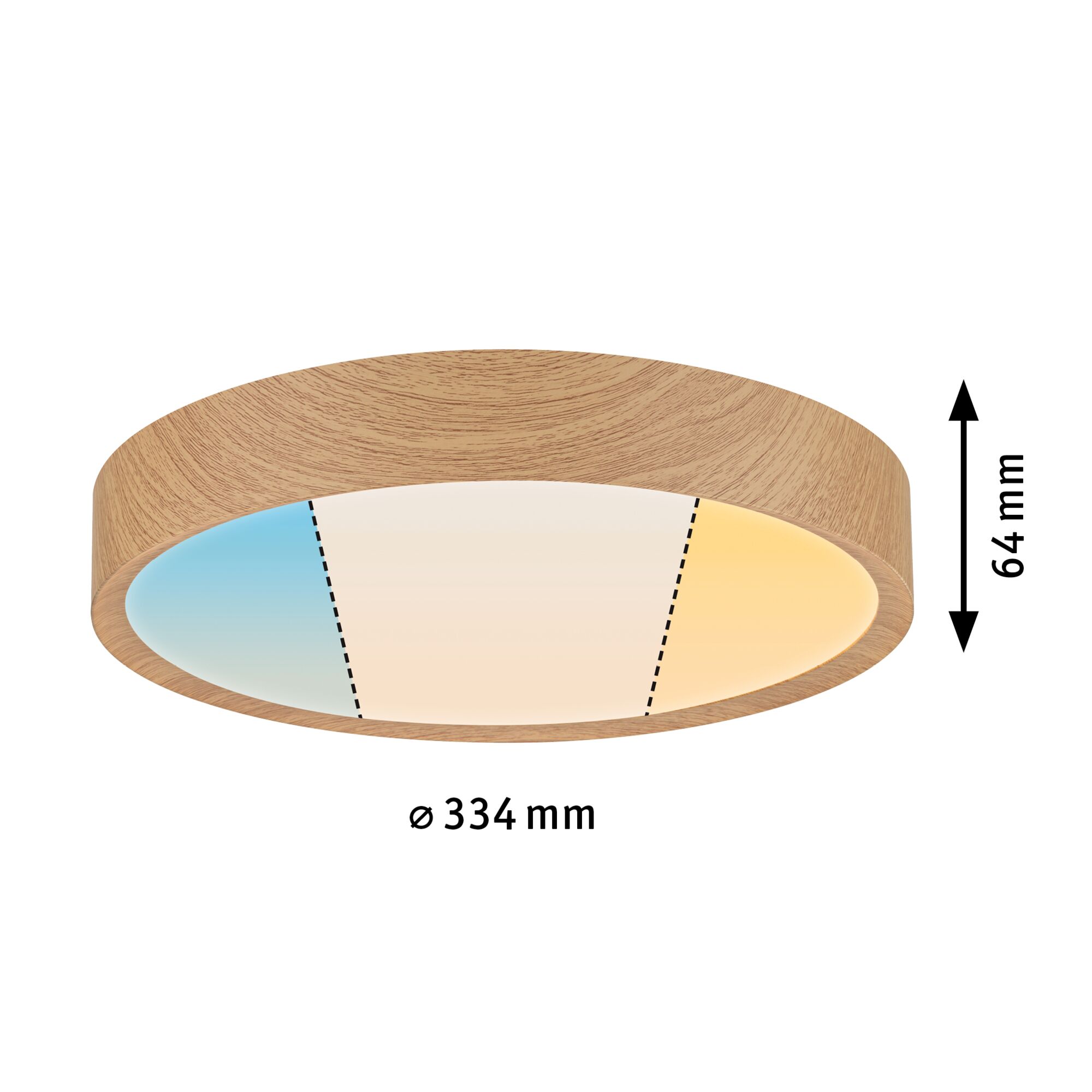 Round wooden ceiling light 334 mm diameter, 64 mm height, dimmable warm and cool light for living spaces.