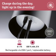 Black lamp with USB-C charging port and replaceable battery for up to 8 hours of light
