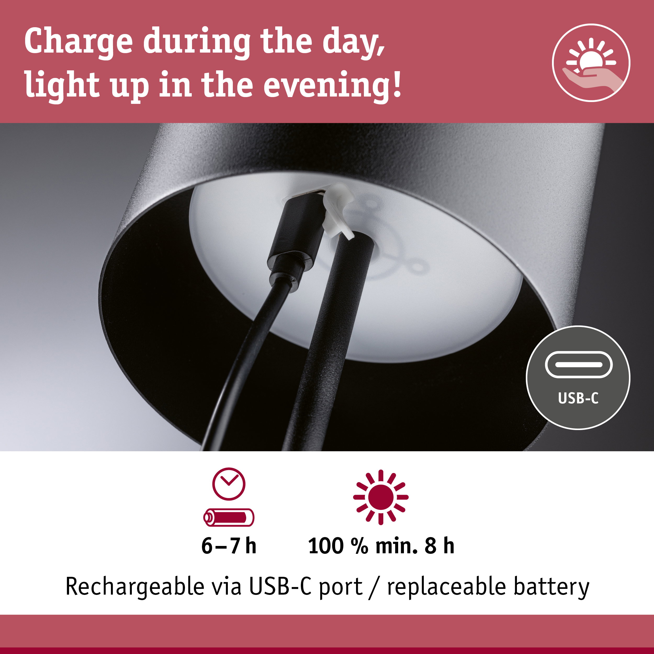 Black lamp with USB-C charging port and replaceable battery for up to 8 hours of light