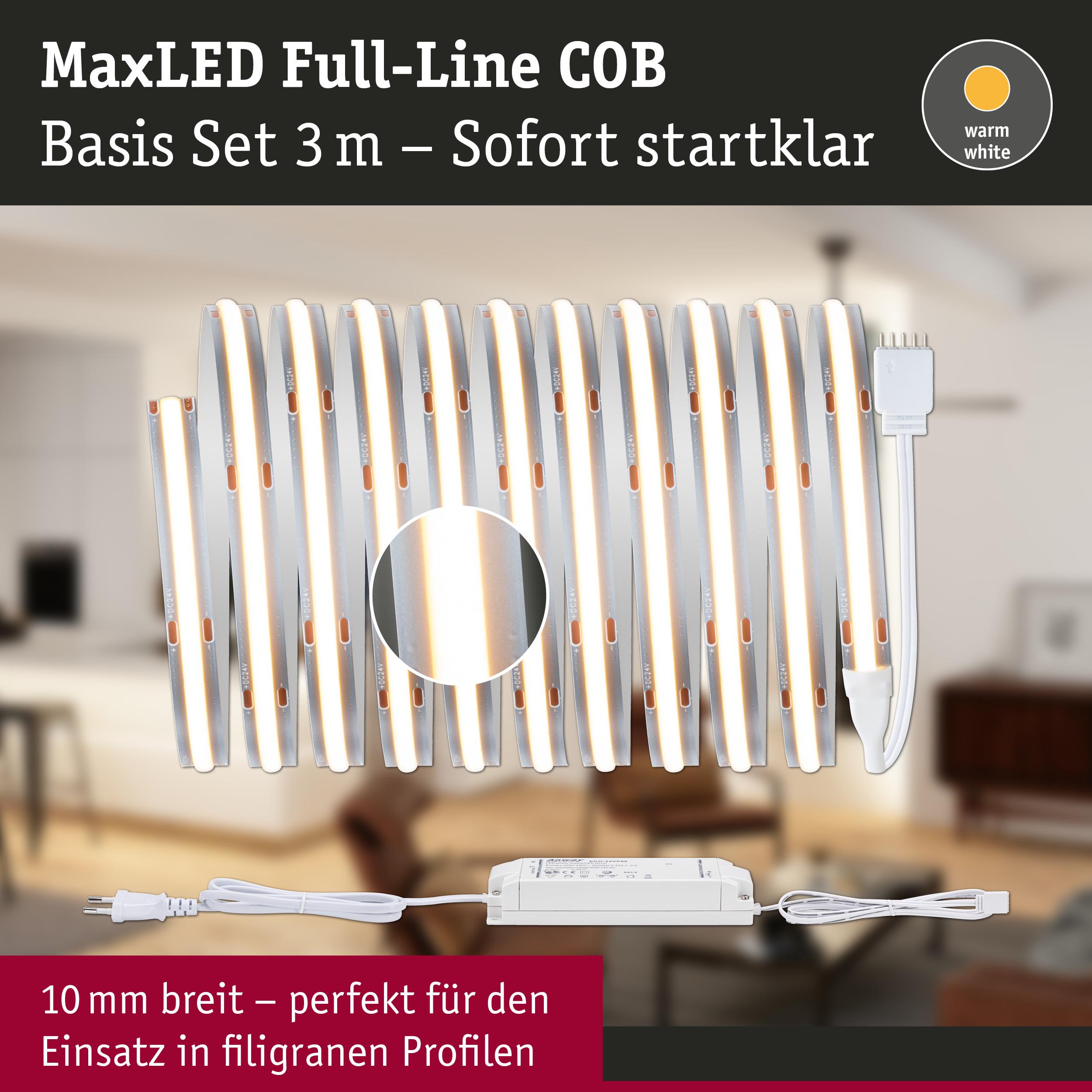 MaxLED Full-Line COB LED-Lichtstreifen 3 m warmweiß mit Netzteil für filigrane Profile