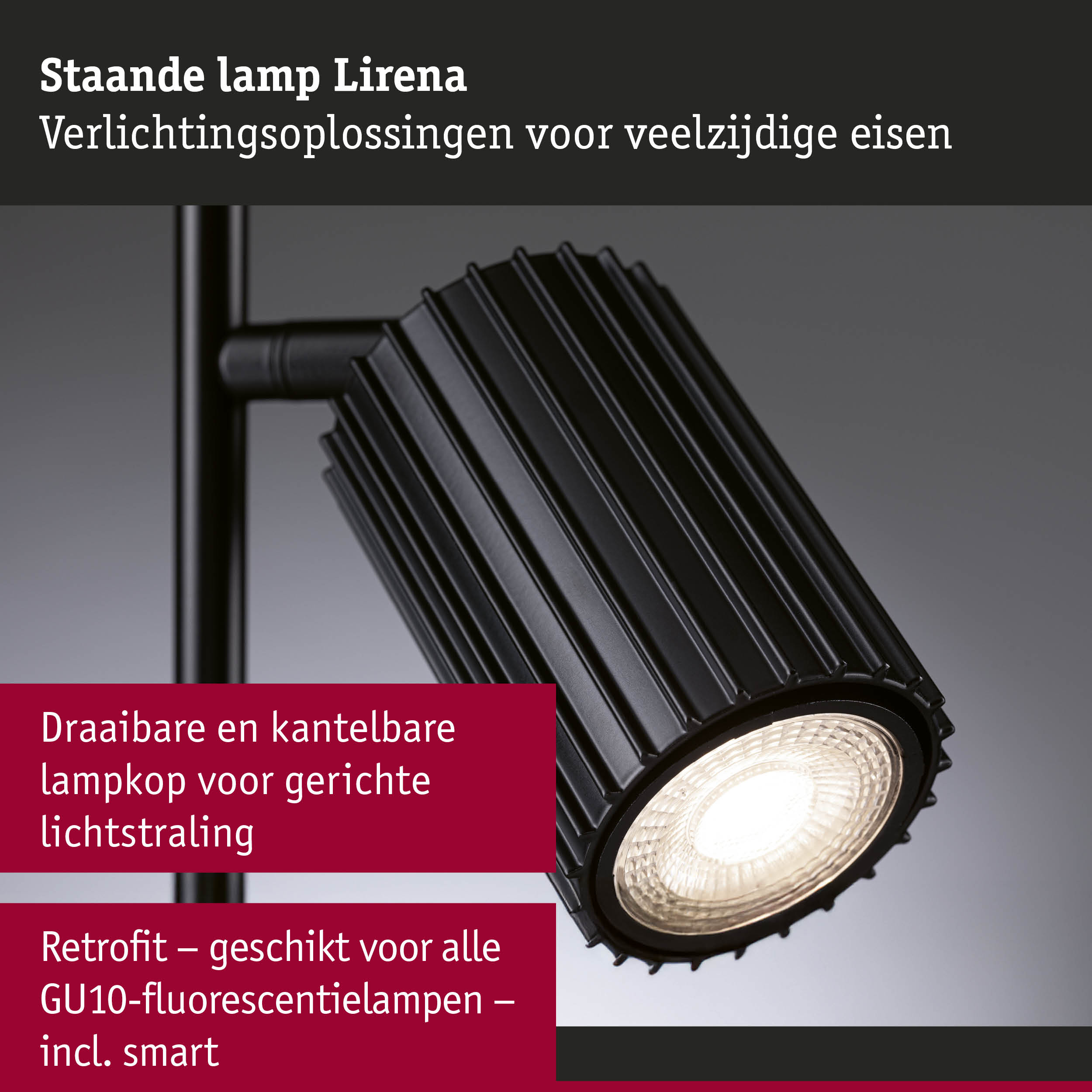 Zwarte staande lamp Lirena met draaibare en kantelbare lampkop voor gerichte verlichting