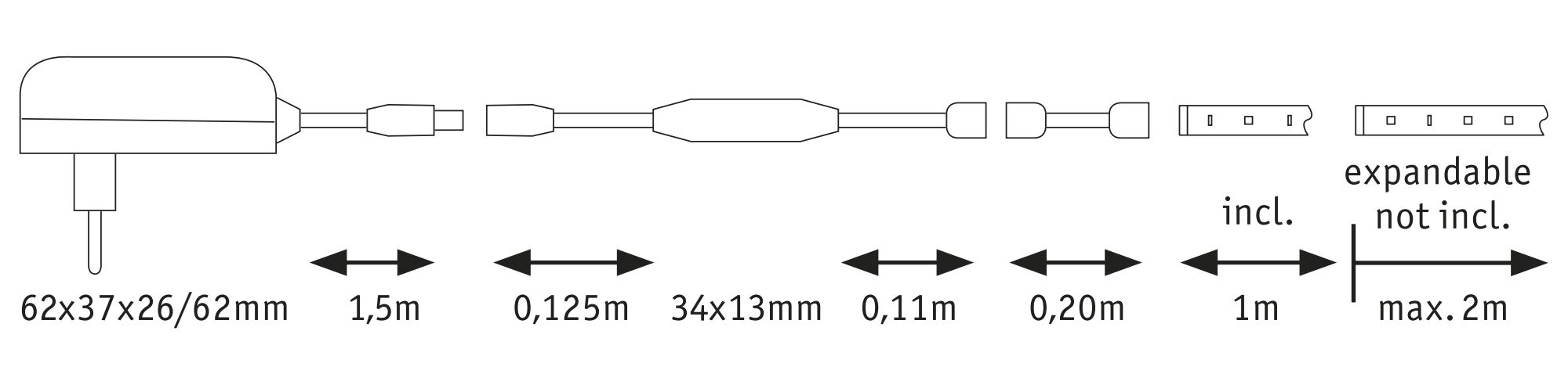 Technische Zeichnung eines Steckernetzteils mit Kabelmaßen und erweiterbarem Anschlusskabel bis 2 Meter.