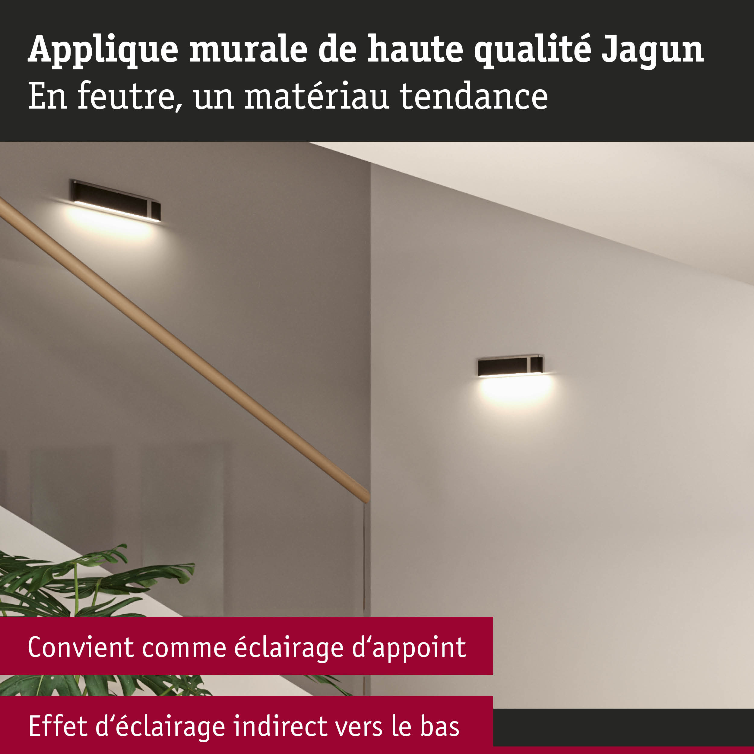 Applique murale Jagun en feutre noir avec éclairage indirect vers le bas pour escalier