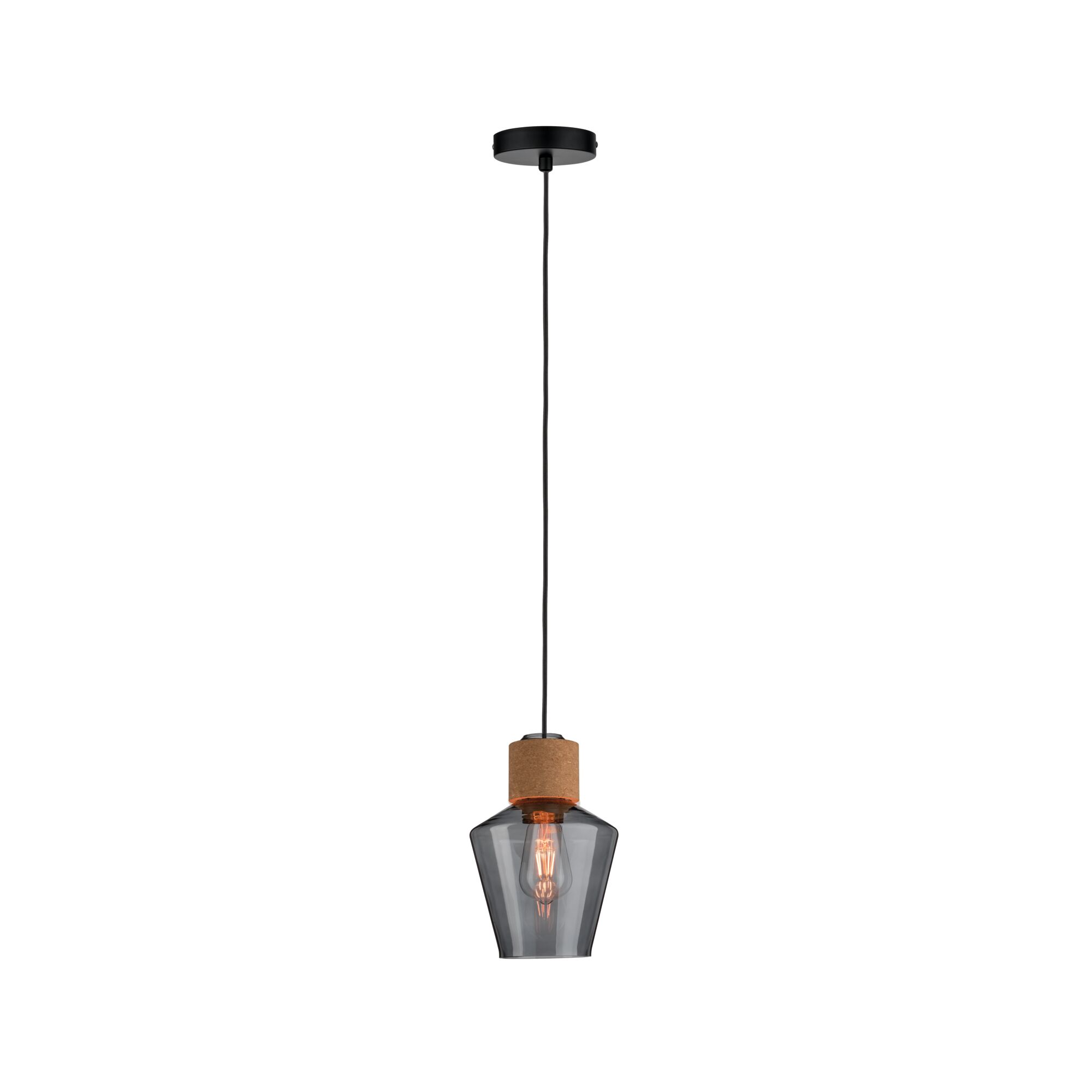 Pendant lamp with smoked glass and cork detail, black cord, modern interior lighting fixture