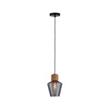 Pendant lamp with smoked glass and cork detail, black cord, modern interior lighting fixture