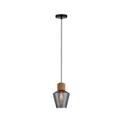 Lampa wisząca z dymionego szkła i korkowym elementem, nowoczesne oświetlenie do salonu