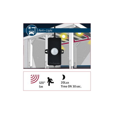 Black plastic motion sensor for outdoor lighting with 120° detection angle and 5 m range