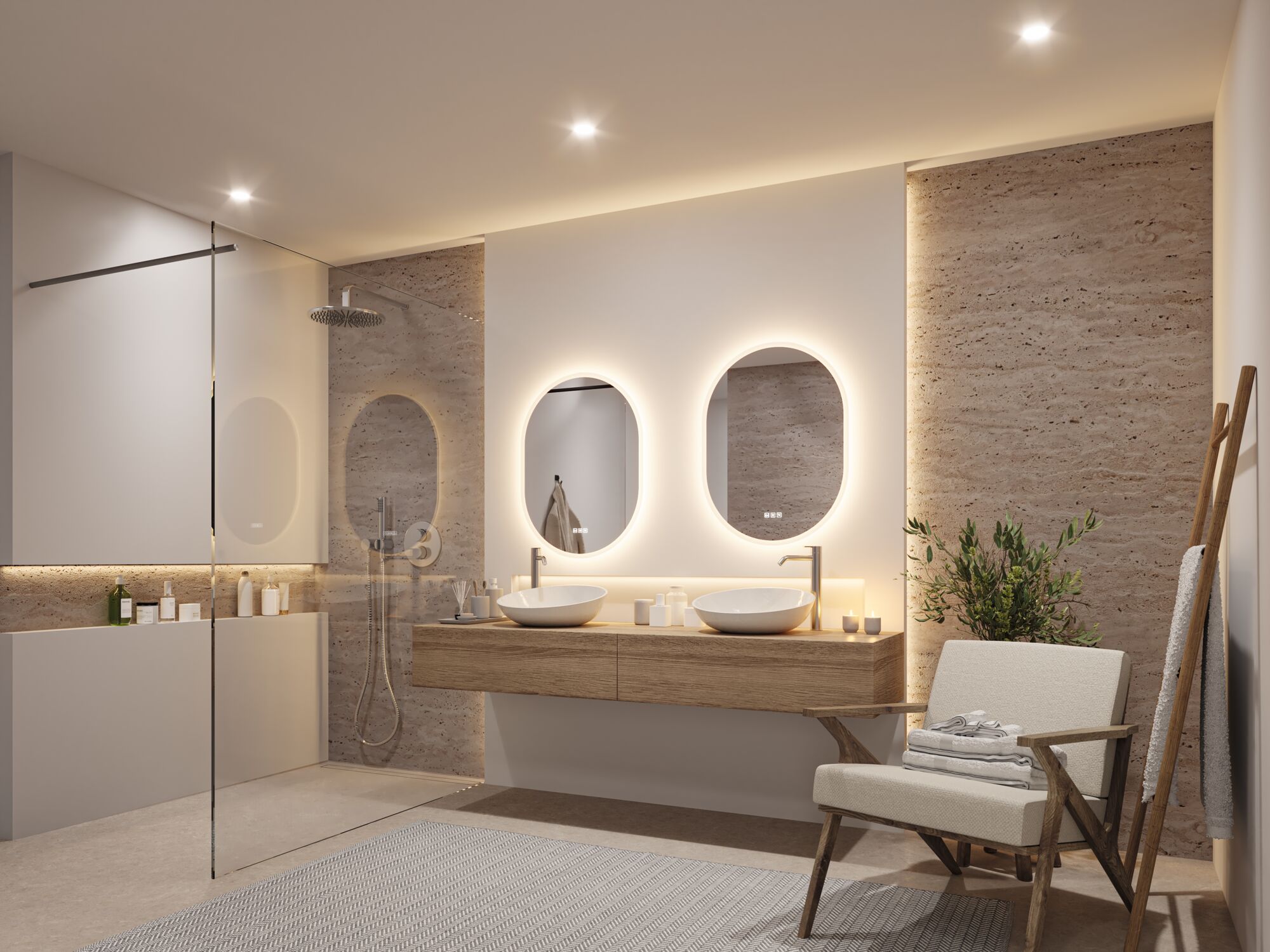 Modern bathroom with two oval illuminated mirrors and natural brown wooden vanity unit