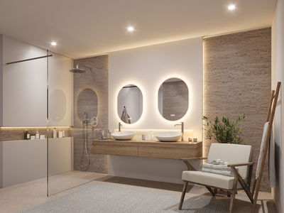 Modern bathroom with two oval illuminated mirrors and natural brown wooden vanity unit