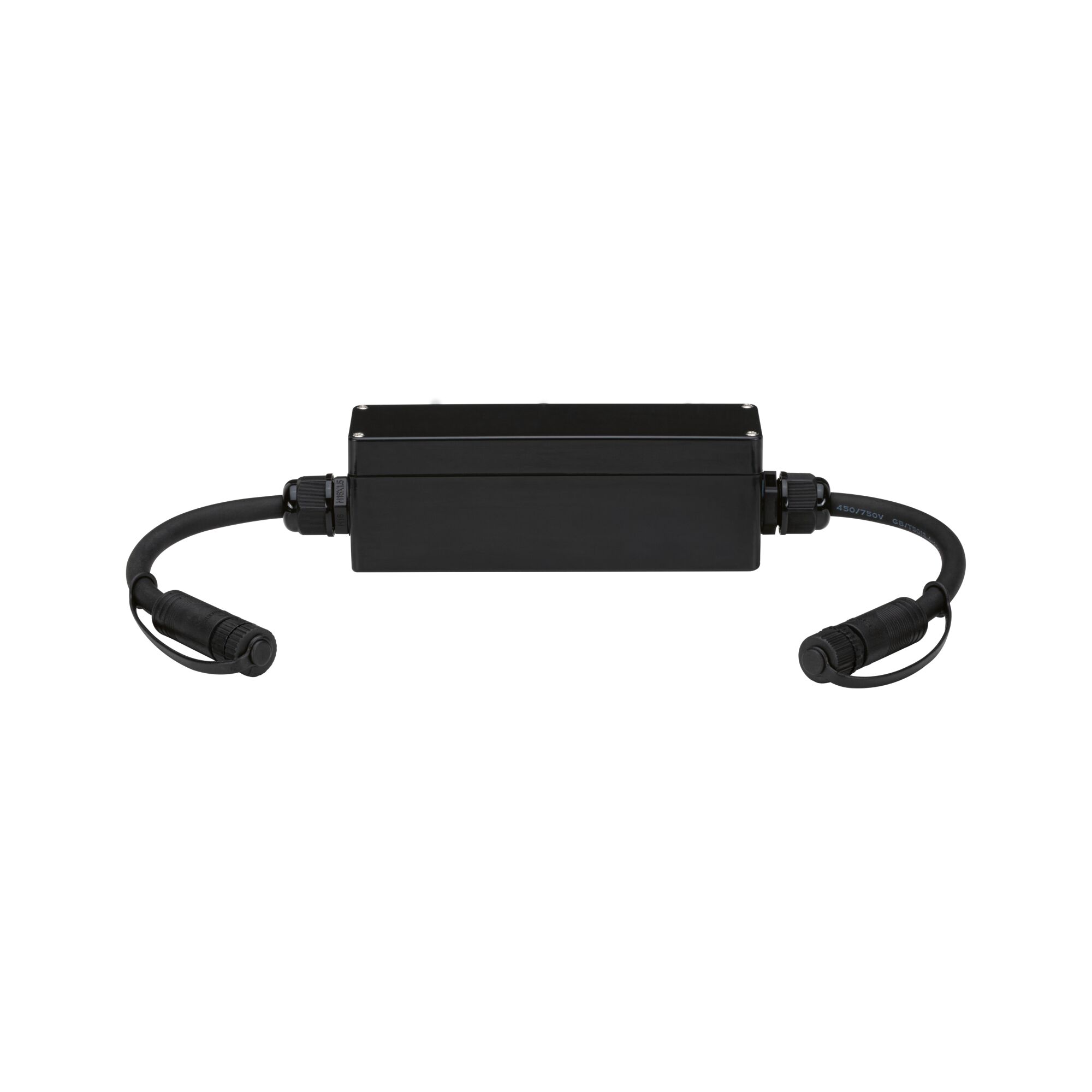 Plug & Shine Connection Box für Loxone Compact Dimmer IP68 max. 150W Weiß Schwarzes elektronisches Gehäuse mit Kabeln an beiden Enden für LED-Beleuchtungssysteme