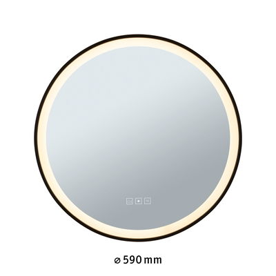 Round LED mirror with black frame and warm white light, 590 mm diameter, bathroom mirror with touch control