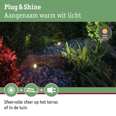 Buitenspots met warm wit licht op stenen en planten voor sfeervolle tuinverlichting