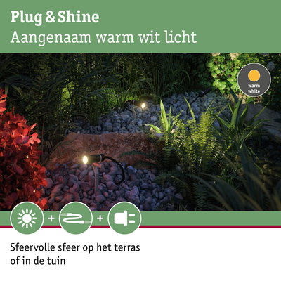 Buitenspots met warm wit licht op stenen en planten voor sfeervolle tuinverlichting