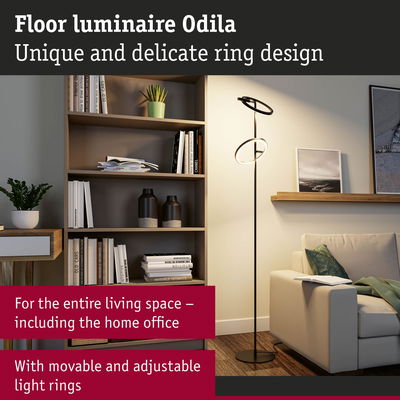 Black floor lamp Odila with adjustable light rings in modern living room with bookshelf and sofa
