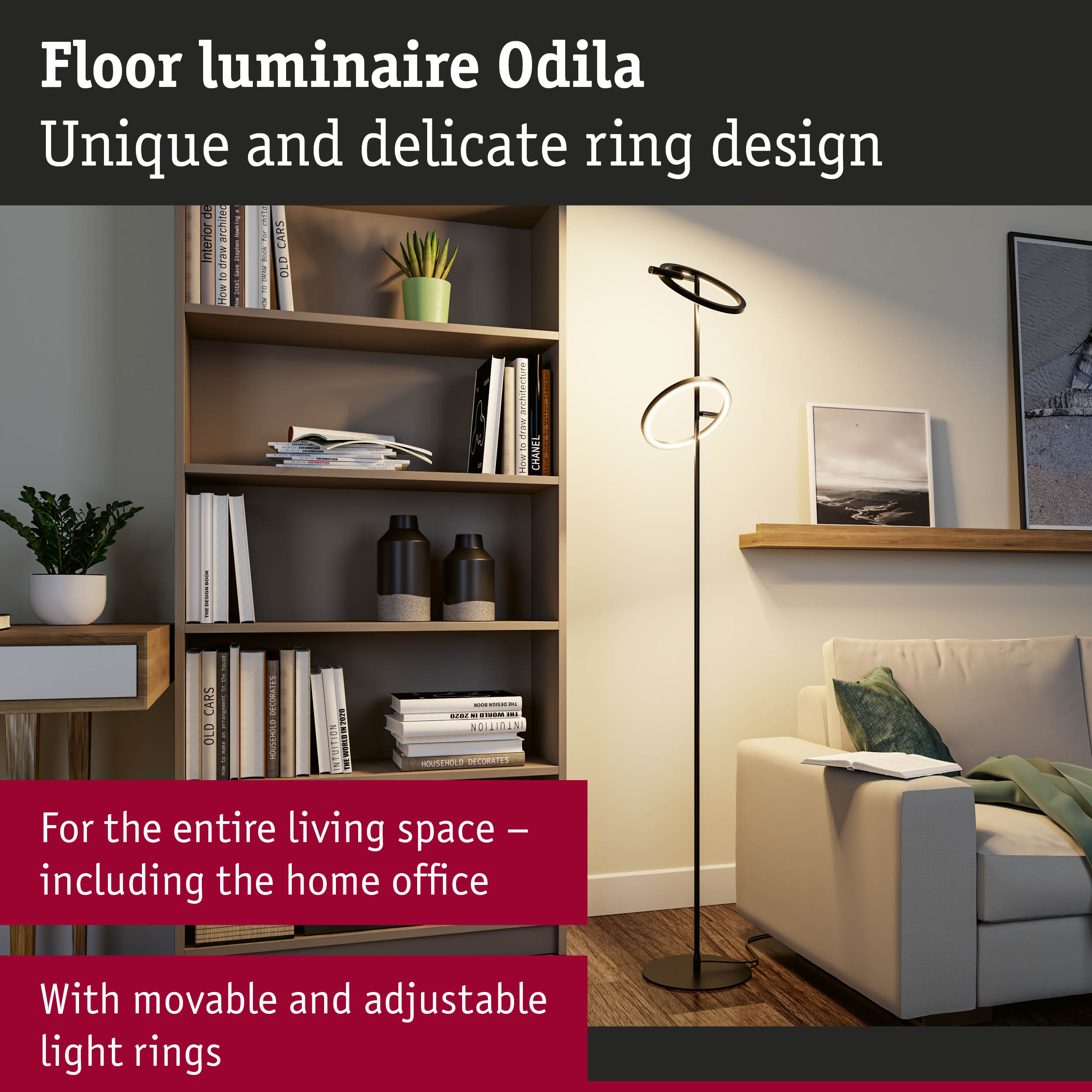 Black Odila floor lamp with movable, adjustable LED light rings in a modern living room setting.