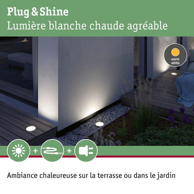 Lumière LED Plug & Shine blanc chaud pour terrasse et jardin avec ambiance chaleureuse
