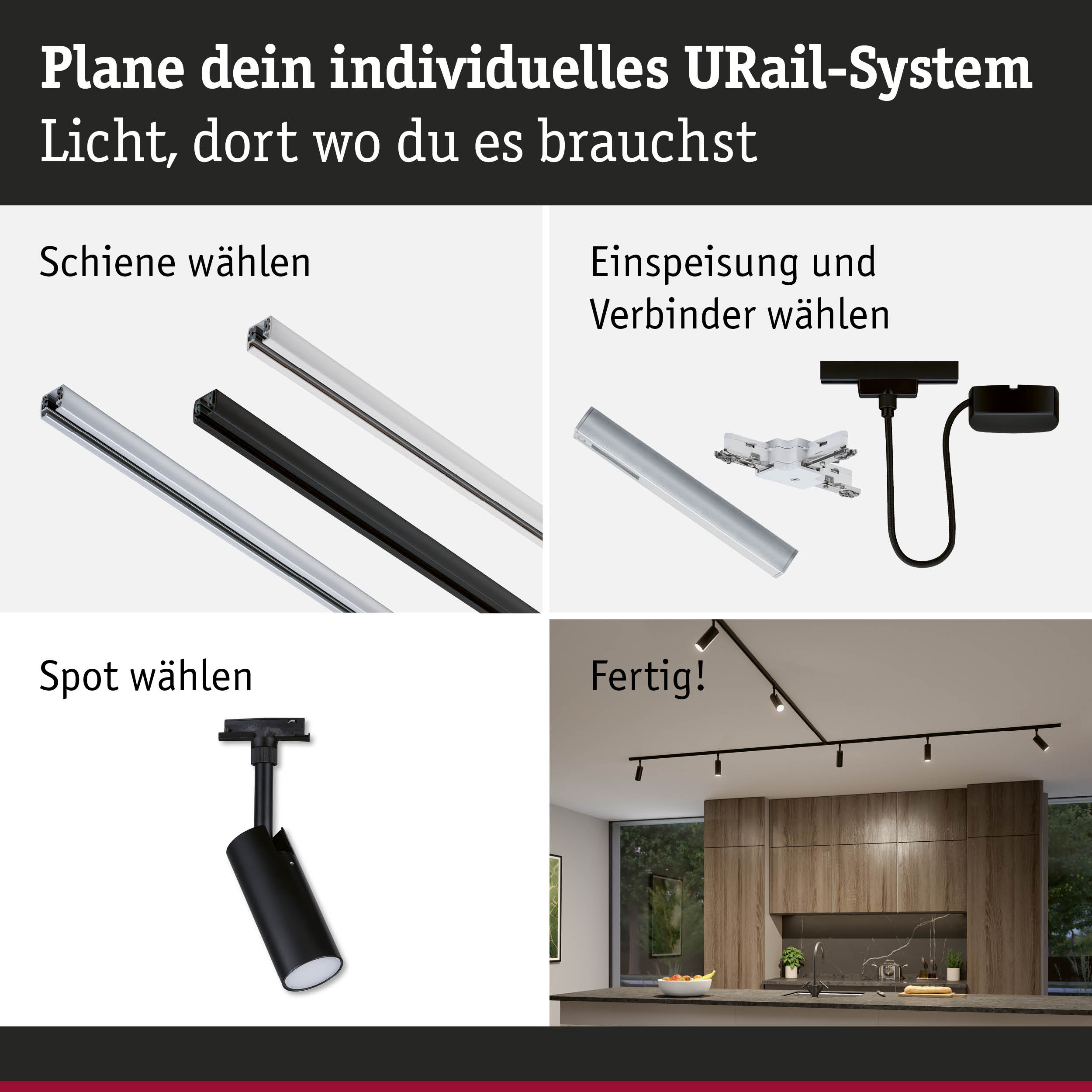 Modulares URail-Schienensystem mit schwarzen und weißen Schienen, Steckern und Spots für flexible Beleuchtung