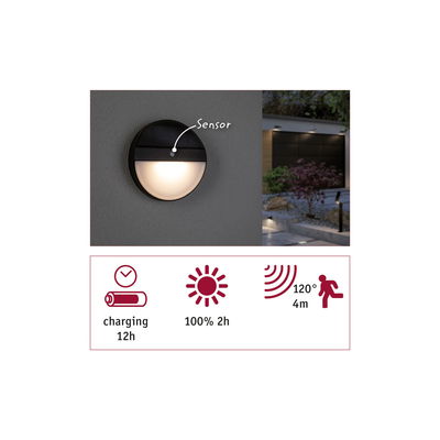 Round black outdoor wall light with sensor and warm white LED, energy-saving garden lighting.