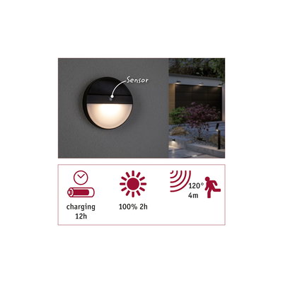 Applique murale extérieure ronde noire avec capteur et LED blanc chaud, éclairage économique.