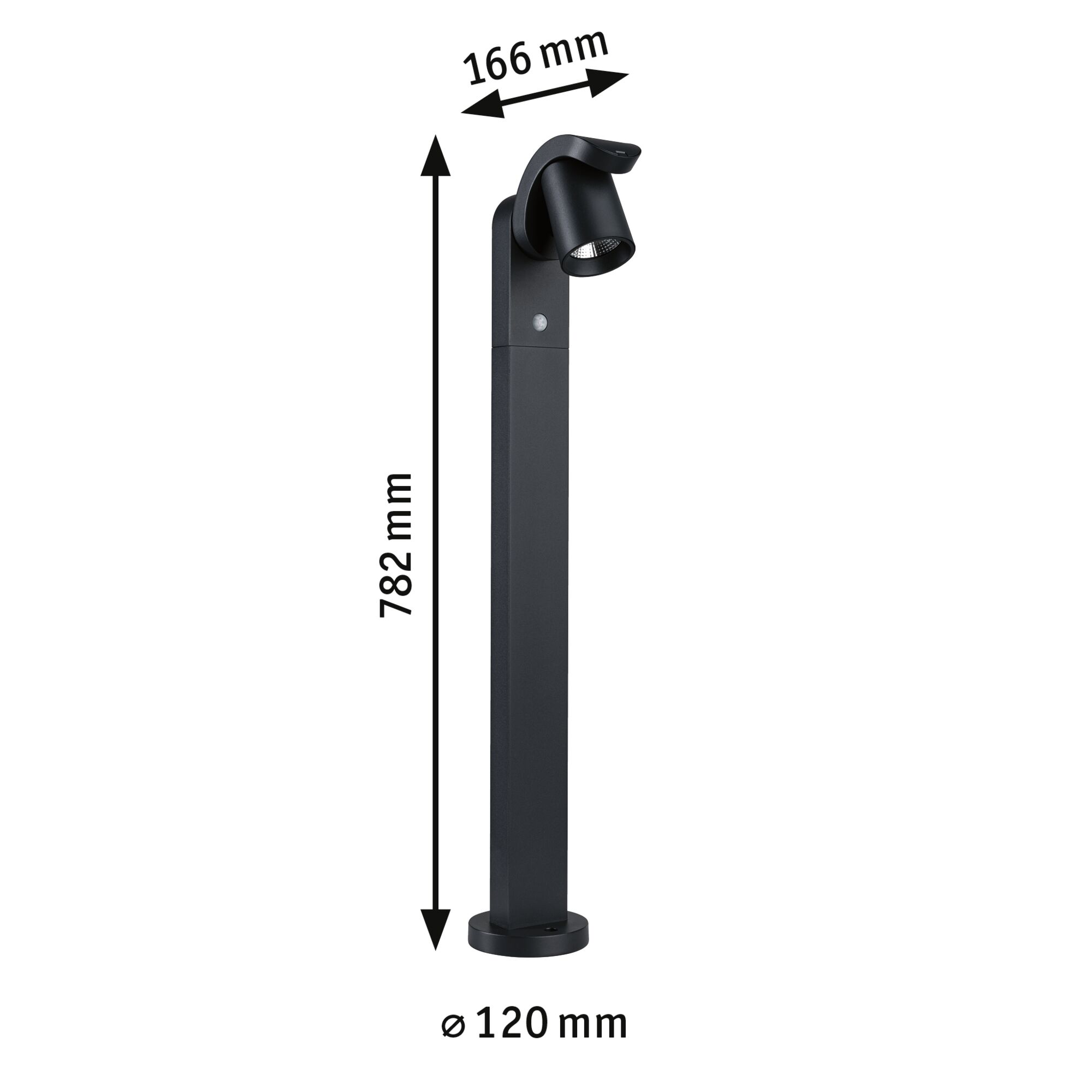 Schwarze Aluminium-Außenleuchte mit beweglichem Spotkopf, 782 mm hoch, moderne Gartenbeleuchtung