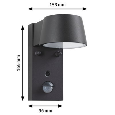 Black aluminum wall light with motion sensor, dimensions 165x96x153 mm for outdoor lighting