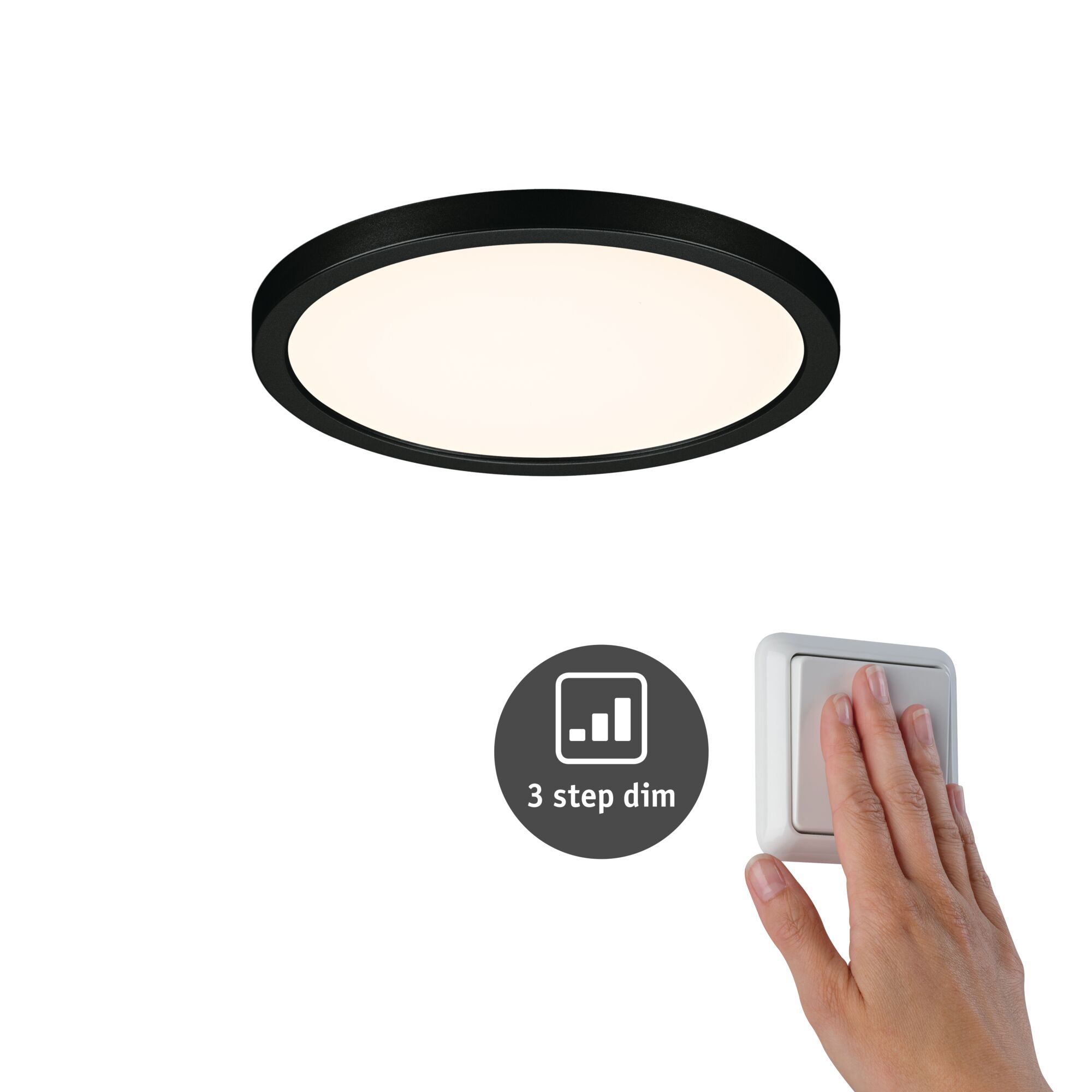 Round LED ceiling light with black frame and 3-step dimmer, modern indoor lighting solution