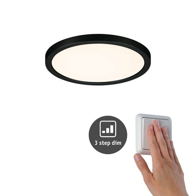 Round LED ceiling light with black frame and 3-step dimmer, modern indoor lighting solution