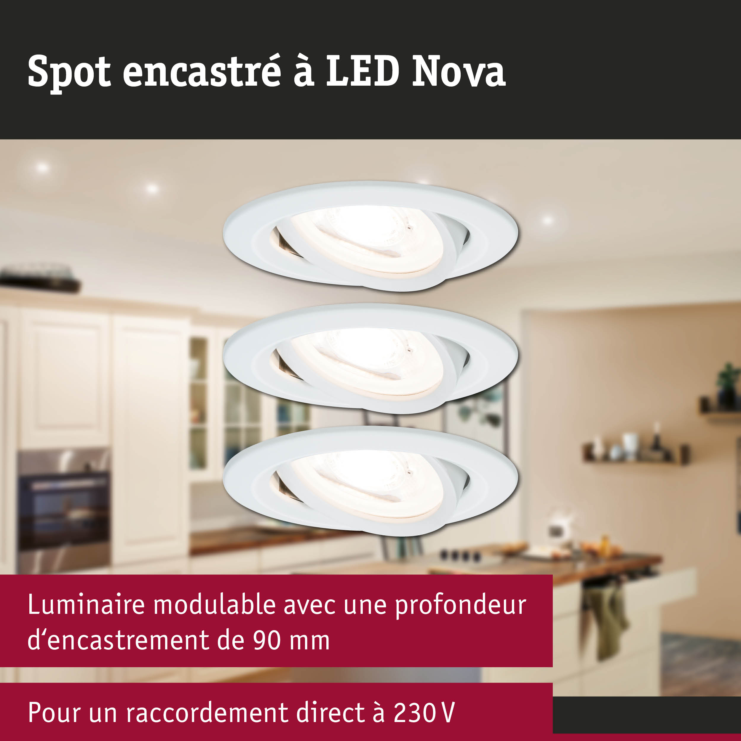 Spot LED encastré blanc Nova orientable, parfait pour un éclairage moderne de cuisine