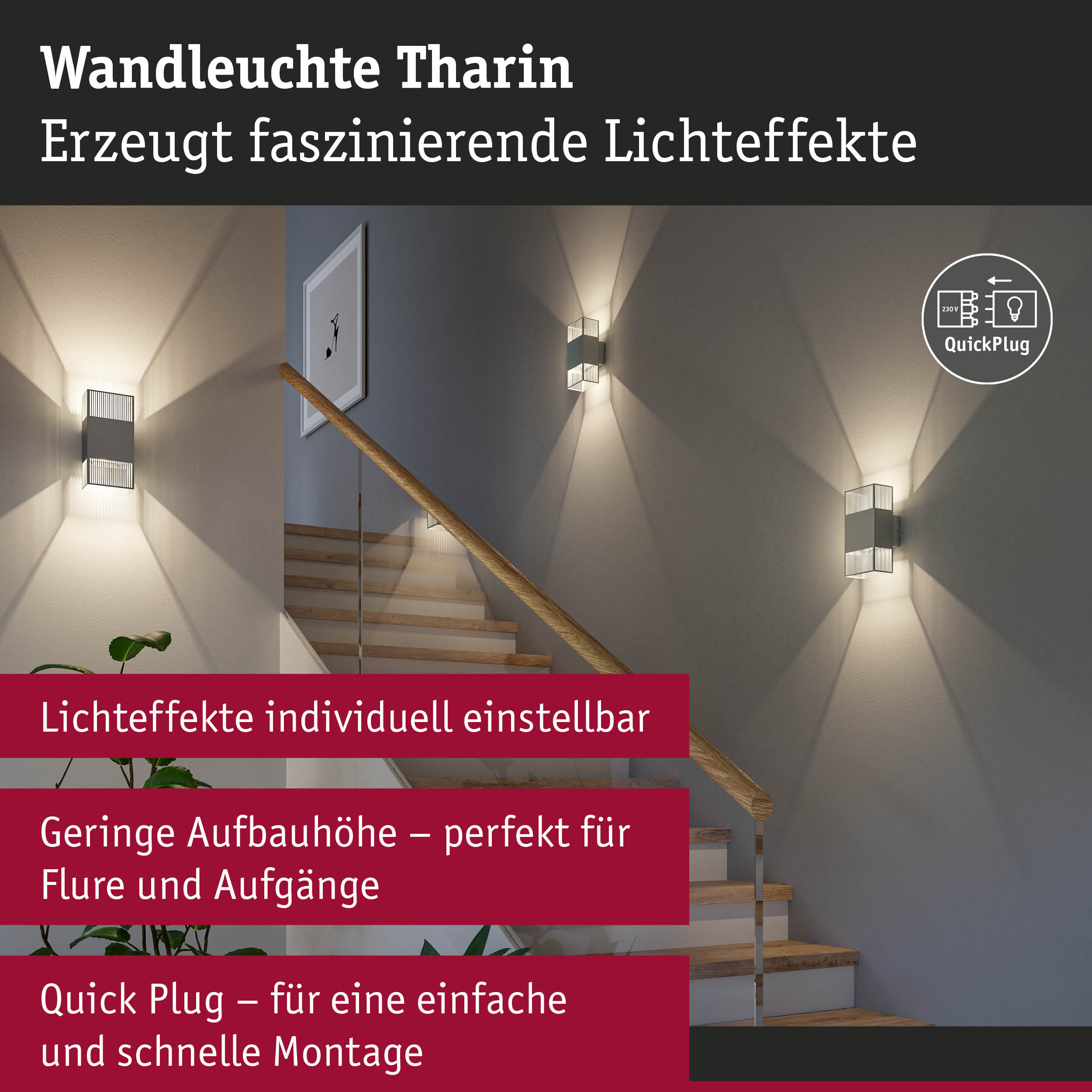 Moderne Wandleuchte Tharin aus Metall in Grau mit individuell einstellbaren Lichteffekten im Treppenhaus