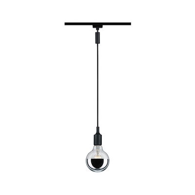 Modern black pendant light with clear glass bulb and silver mirror finish for track lighting systems