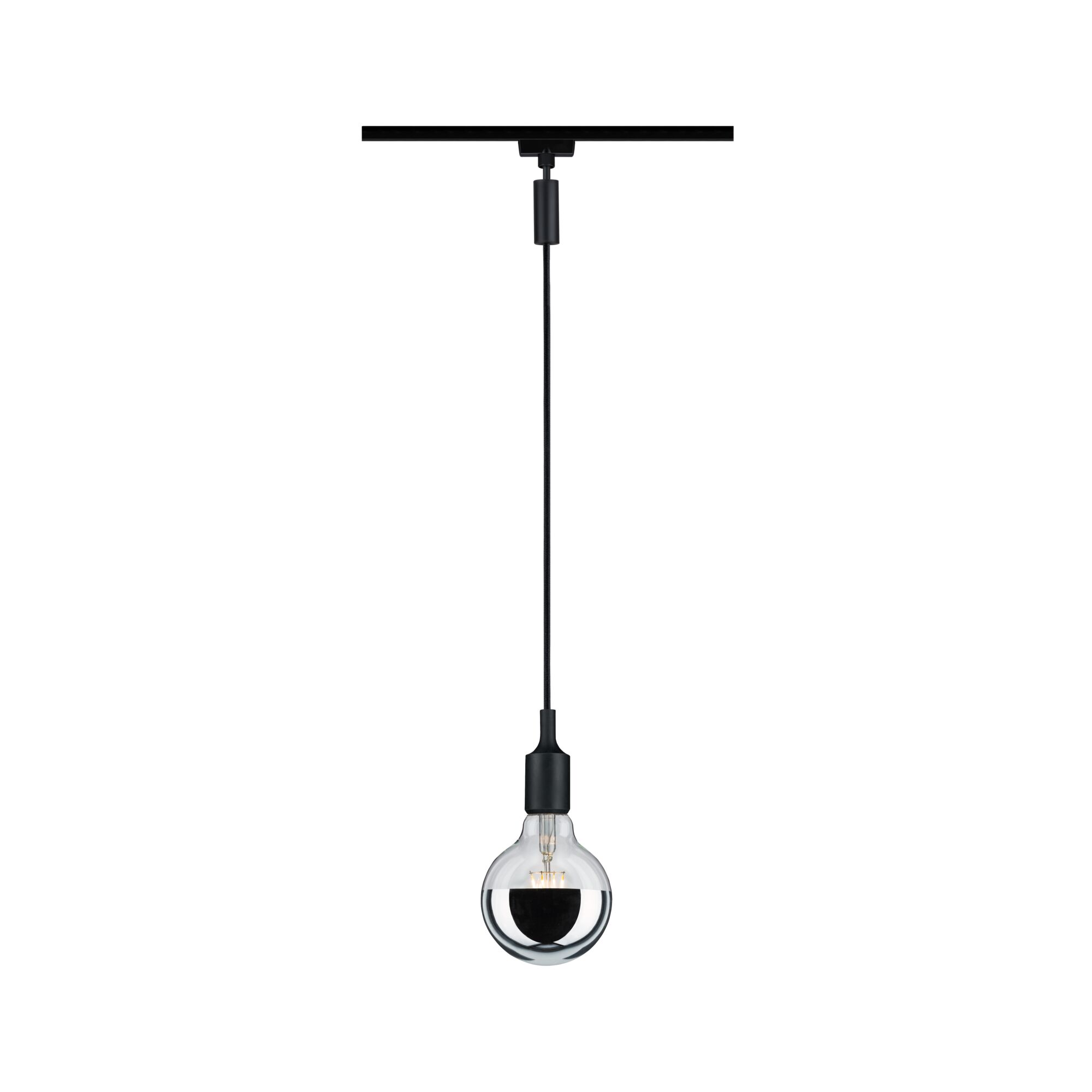 Moderne schwarze Pendelleuchte mit klarem Glaskolben und silberner Spiegelung für Schienensysteme