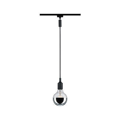 Modern black pendant light with clear glass bulb and silver mirror finish for track lighting systems