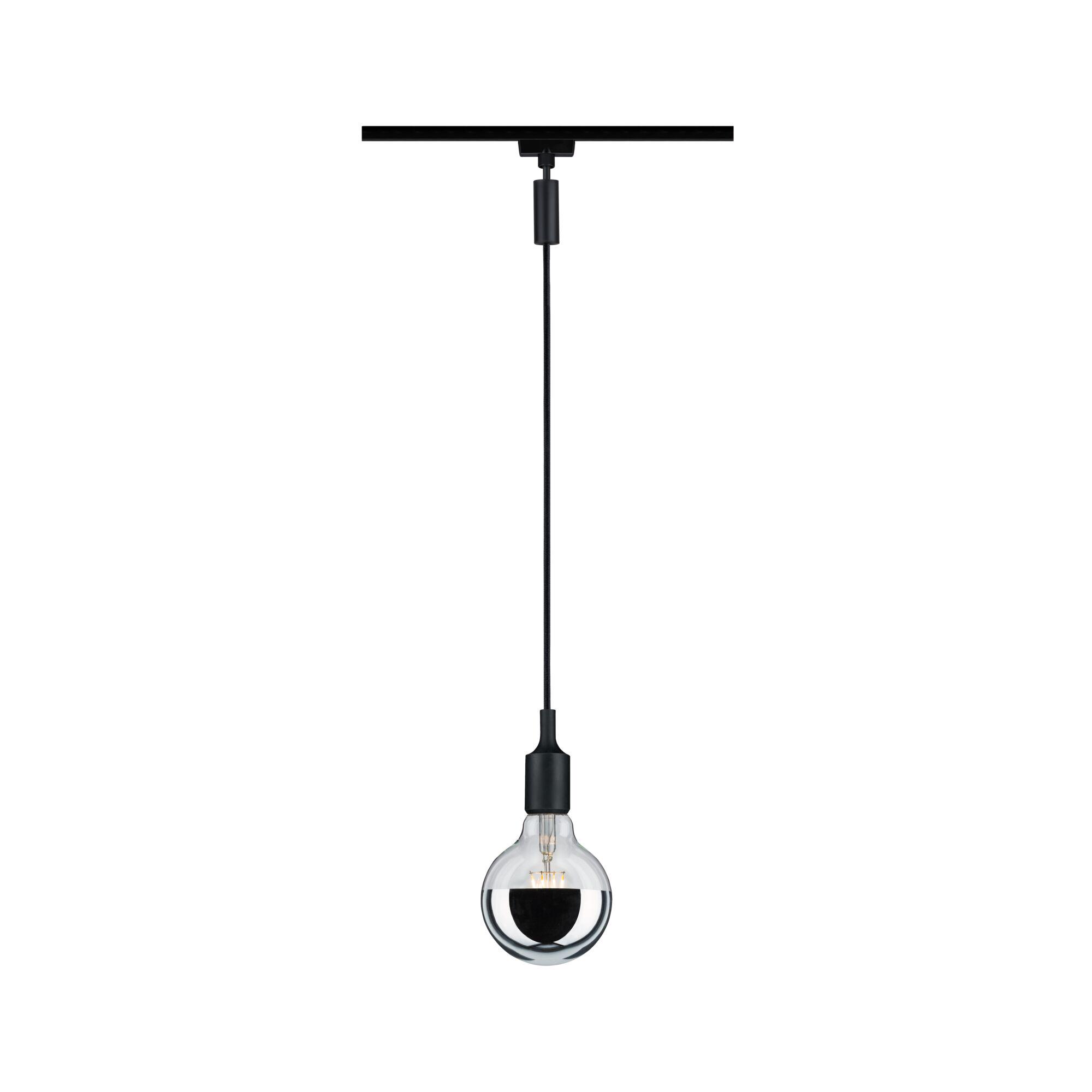 Black pendant light with clear glass and half-mirrored bulb for modern interior lighting