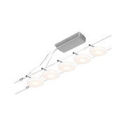 Modern LED cable lighting with white round lamps and silver metal frame for living spaces