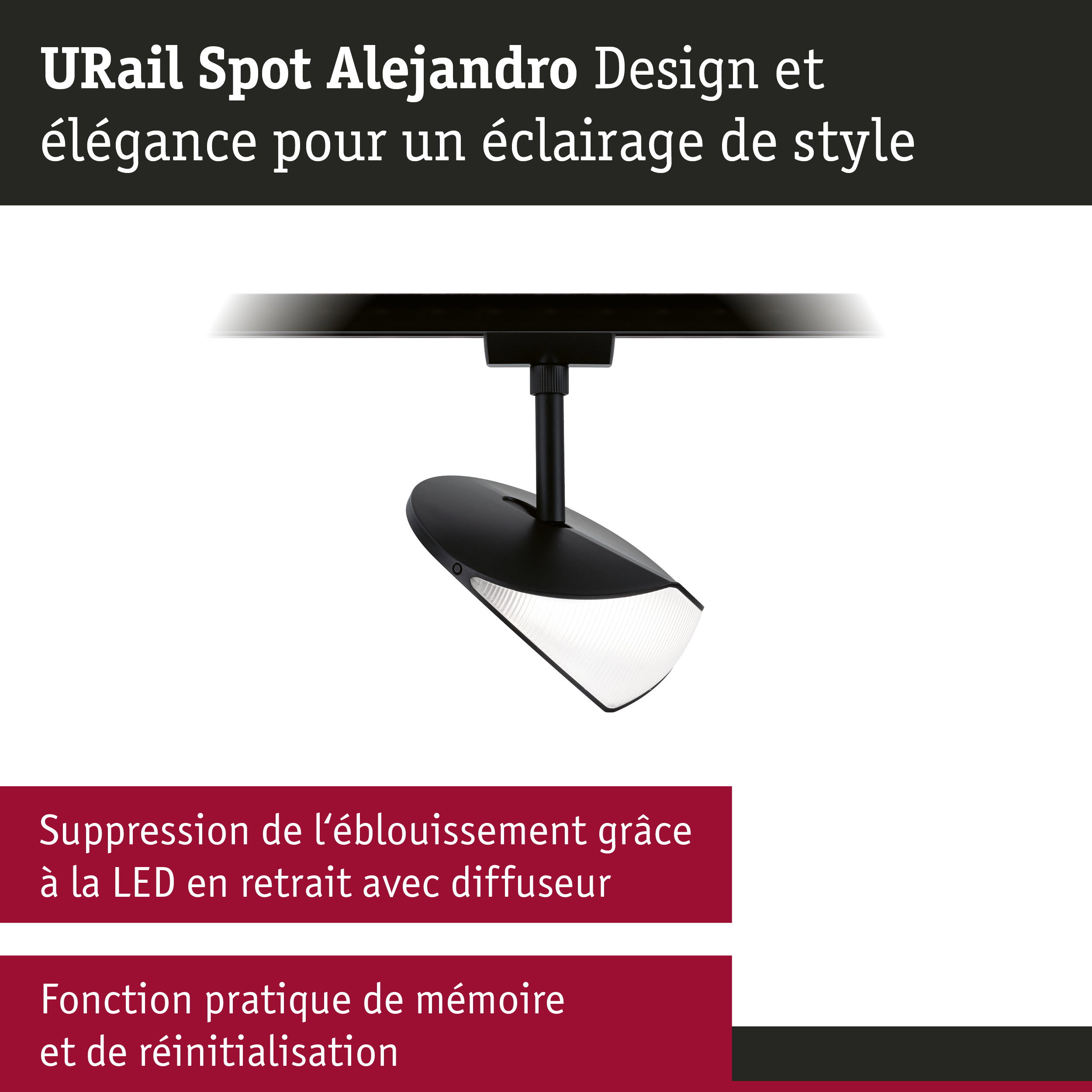 Spot URail Alejandro noir avec LED, diffuseur et fonction mémoire pour un éclairage sans éblouissement