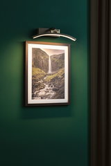 Modern brushed metal LED picture light with warm white illumination on green wall art.