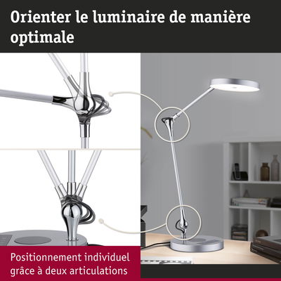 Lampe de bureau LED argentée moderne avec deux articulations pour un positionnement flexible de la lumière.