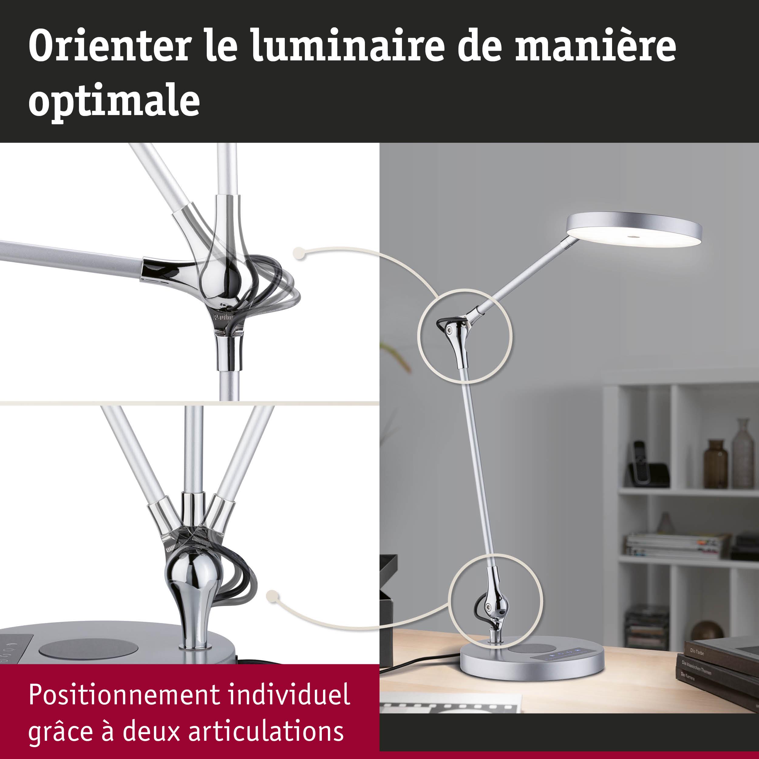 Lampe de bureau LED argentée moderne avec deux articulations pour un positionnement flexible de la lumière.