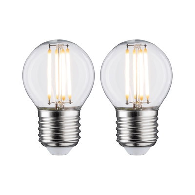 Two clear glass LED bulbs with silver base, energy-saving light bulbs for home lighting.
