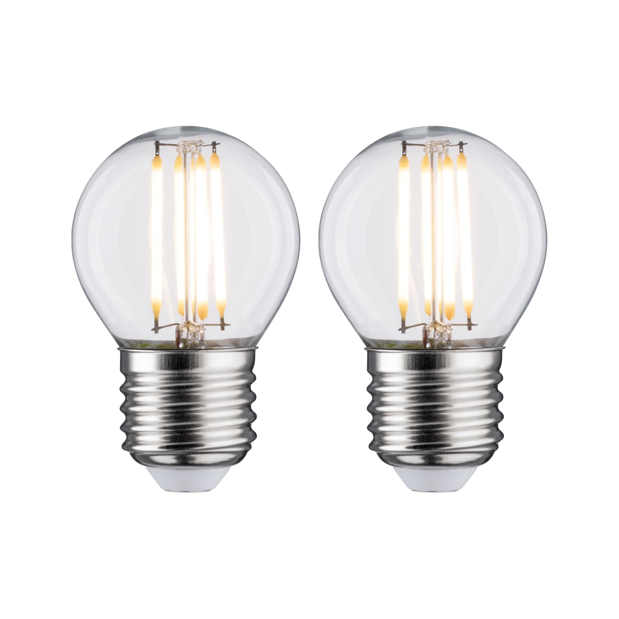 Zwei LED-Glühbirnen mit klarem Glas und silbernem Sockel, energiesparende Leuchtmittel für Zuhause.
