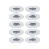Zehn weiße Einbaustrahler aus Kunststoff mit schwenkbarem Einsatz für flexible LED-Beleuchtung.