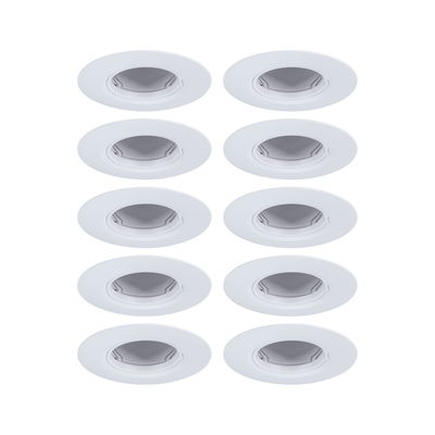 Ten white plastic recessed spotlights with adjustable inserts for flexible LED lighting solutions.