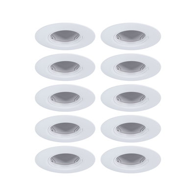 Tien witte inbouwspots van kunststof met verstelbare inzetstukken voor flexibele LED-verlichting.